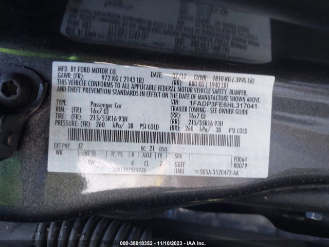 2017 FORD FOCUS SE VIN: 1FADP3FE6HL317041