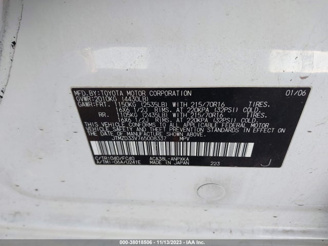 2006 TOYOTA RAV4 VIN: JTMZD33V765008337