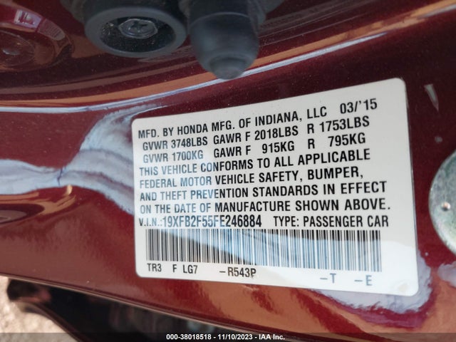 Honda Civic Lx 2015 19XFB2F55FE246884 Image 9