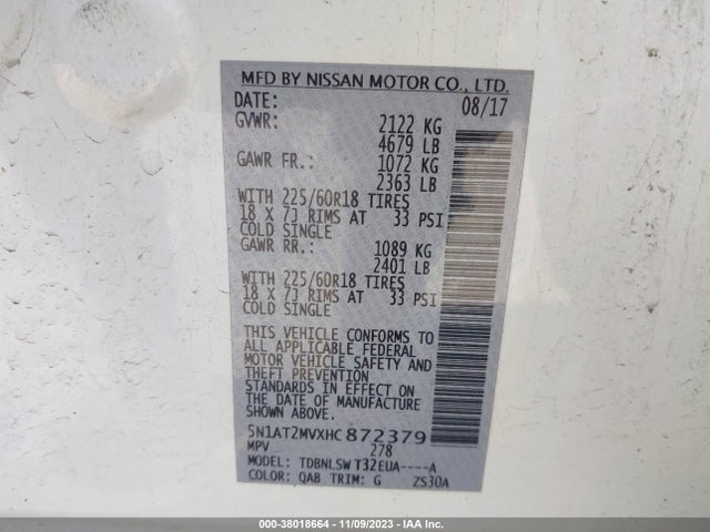 2017 NISSAN ROGUE SL VIN: 5N1AT2MVXHC872379