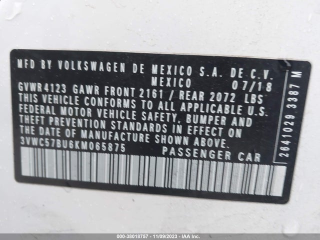 Продажа на аукционе авто 2019 Volkswagen Jetta 1.4t R-line/1.4t S, vin: 3VWC57BU6KM065875, номер лота: 38018757