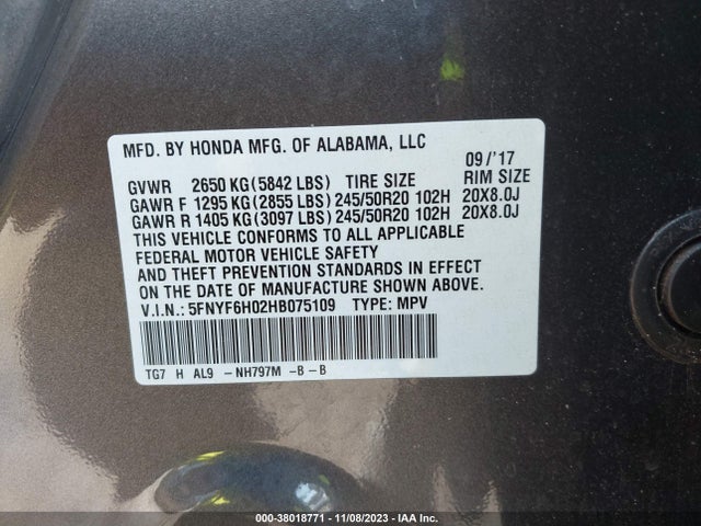 Honda Pilot Elite 2017 5FNYF6H02HB075109 Image 9