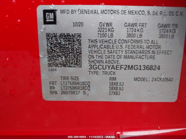 3GCUYAEF2MG136824 Chevrolet Silverado 1500 4wd  Short Bed Wt