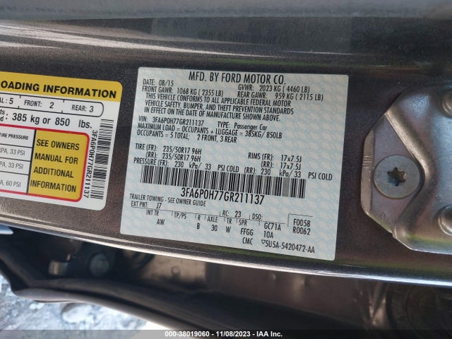 2016 FORD FUSION SE VIN: 3FA6P0H77GR211137