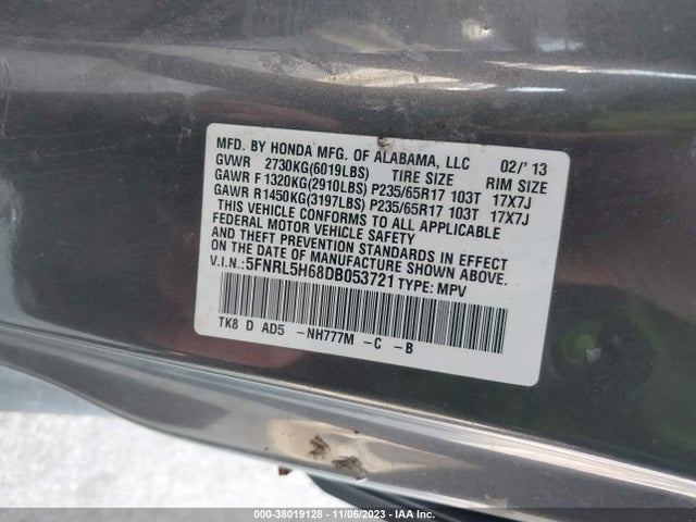 2013 HONDA ODYSSEY EX-L VIN: 5FNRL5H68DB053721