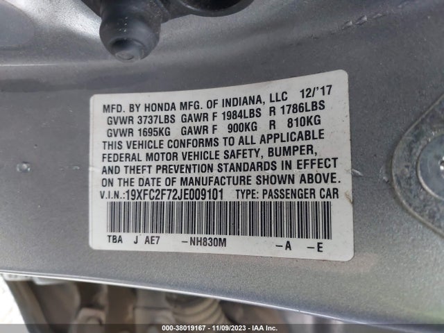 Honda CIVIC EX 2018 19XFC2F72JE009101 Image 9