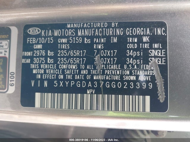 2016 KIA SORENTO 2.4L LX VIN: 5XYPGDA37GG023399