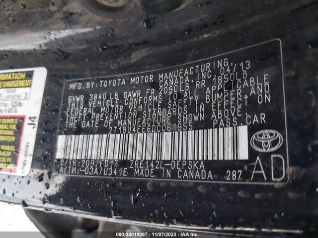 2013 TOYOTA COROLLA S VIN: 2T1BU4EE6DC061955