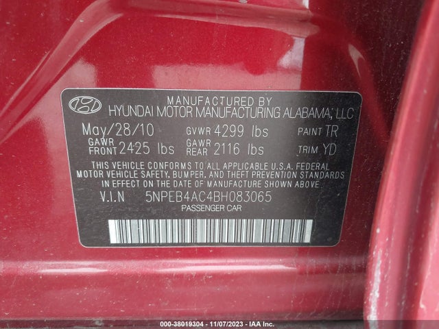 2011 HYUNDAI SONATA GLS VIN: 5NPEB4AC4BH083065