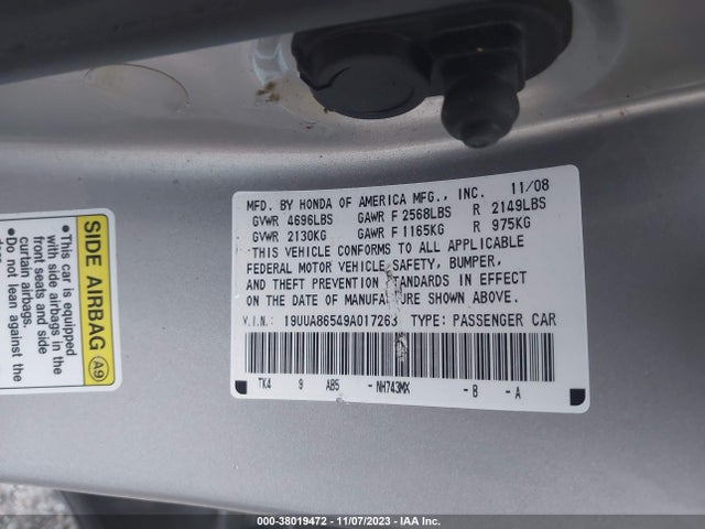 2009 ACURA TL 3.5 VIN: 19UUA86549A017263