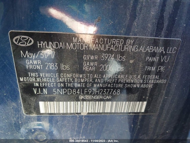 2018 HYUNDAI ELANTRA SEL VIN: 5NPD84LF9JH237768