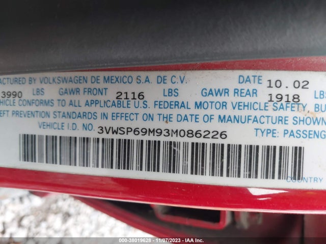2003 VOLKSWAGEN JETTA SEDAN 3VWSP69M93M086226 Photo 8