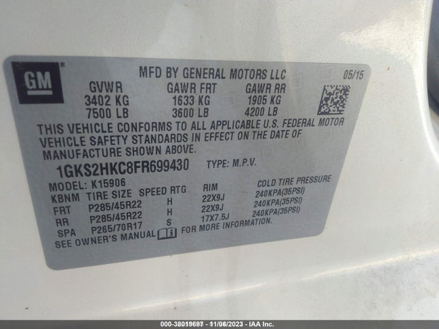 GMC Yukon Xl 1500 Slt 2015 1GKS2HKC8FR699430 Image 9