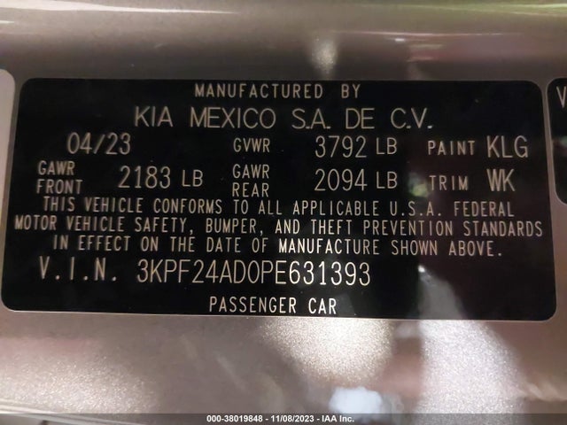 2023 KIA FORTE LXS VIN: 3KPF24AD0PE631393