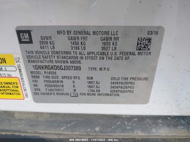Chevrolet Traverse 1lt 2016 1GNKRGKD5GJ307389 Image 9