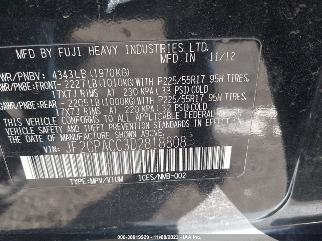 2013 Subaru Xv Crosstrek 2.0i Premium მანქანა იყიდება აუქციონზე, vin: JF2GPACC3D2818808, აუქციონის ნომერი: 38019929