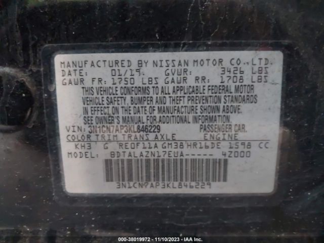 3N1CN7AP3KL846229 Nissan Versa Sedan S Plus