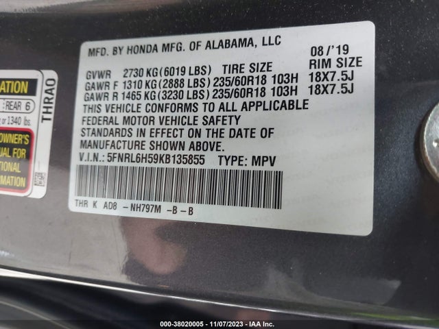 Honda ODYSSEY EX 2019 5FNRL6H59KB135855 Image 9