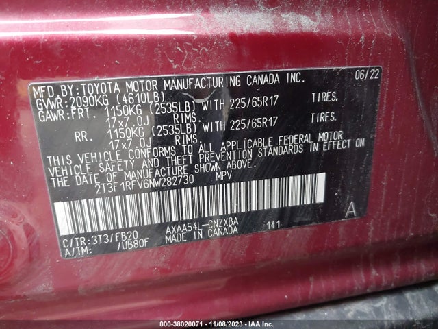 2022 TOYOTA RAV4 LE VIN: 2T3F1RFV6NW282730