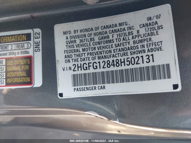 2008 HONDA CIVIC EX VIN: 2HGFG12848H502131