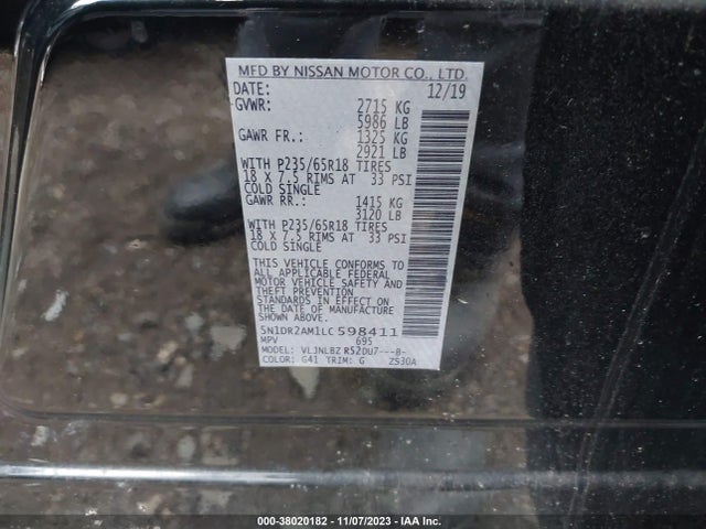 2020 NISSAN PATHFINDER S 4WD VIN: 5N1DR2AM1LC598411