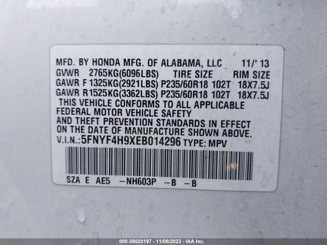 Honda Pilot Touring 2014 5FNYF4H9XEB014296 Image 9