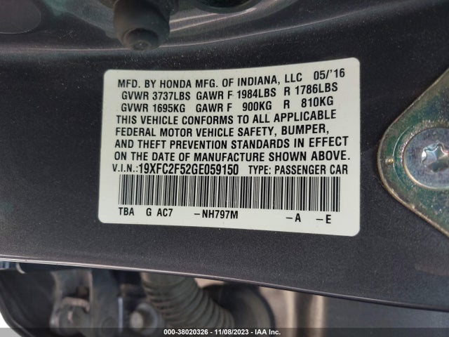 Honda Civic Lx 2016 19XFC2F52GE059150 Image 9