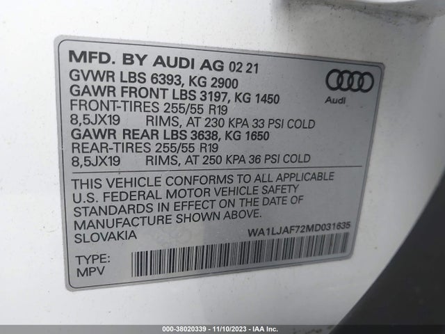 WA1LJAF72MD031635 Audi Q7 Premium Plus 45 Tfsi Quattro Tiptronic