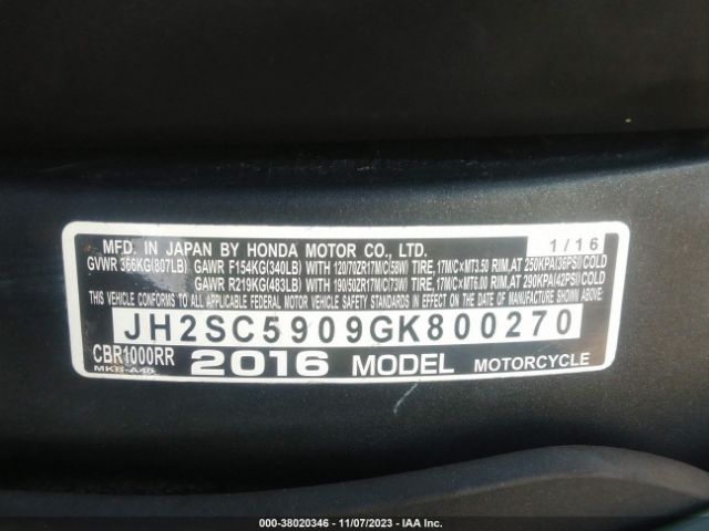 2016 HONDA CBR1000 JH2SC5909GK800270 Photo 9