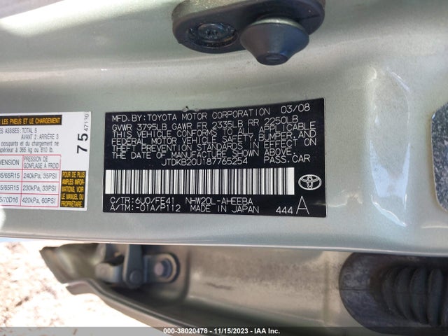 2008 TOYOTA PRIUS BASE (CVT-E) VIN: JTDKB20U187765254