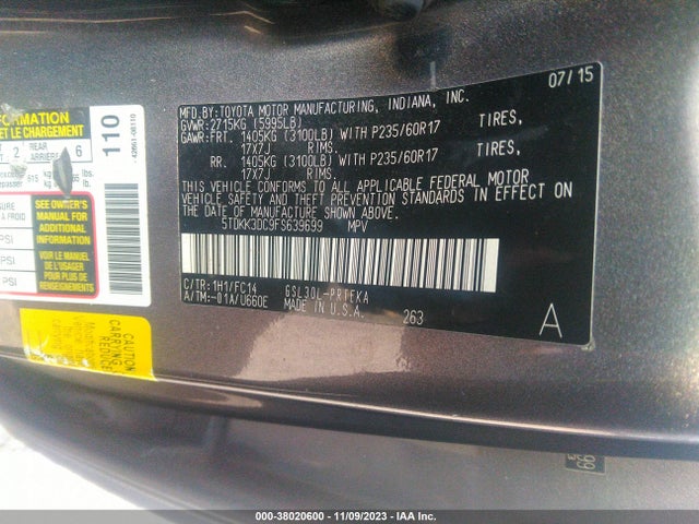 2015 TOYOTA SIENNA LE 8 PASSENGER VIN: 5TDKK3DC9FS639699