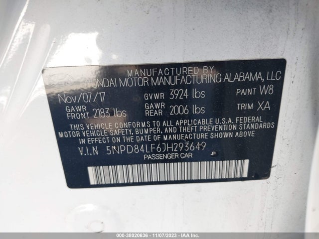 2018 HYUNDAI ELANTRA SEL VIN: 5NPD84LF6JH293649