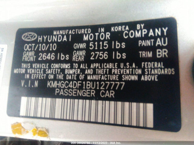 2011 HYUNDAI GENESIS 4.6 VIN: KMHGC4DF1BU127777