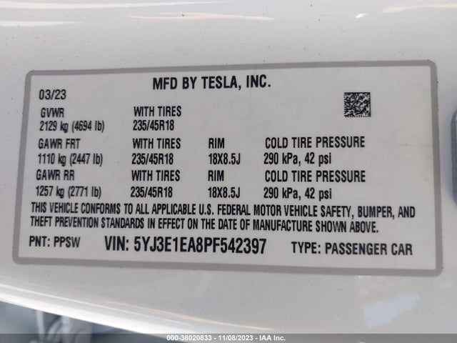 Tesla Model 3 Rear-wheel Drive 2023 5YJ3E1EA8PF542397 Image 9
