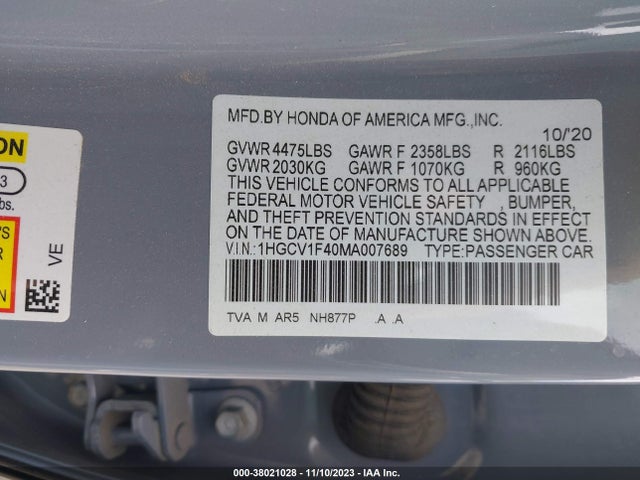 2021 HONDA ACCORD SPORT SPECIAL EDITION VIN: 1HGCV1F40MA007689
