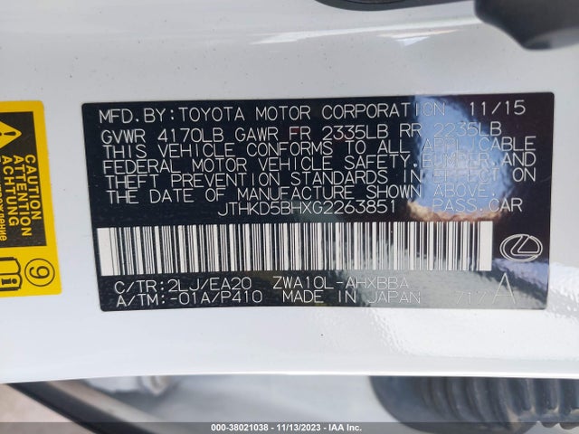 JTHKD5BHXG2263851 Lexus Ct 200h Hybrid