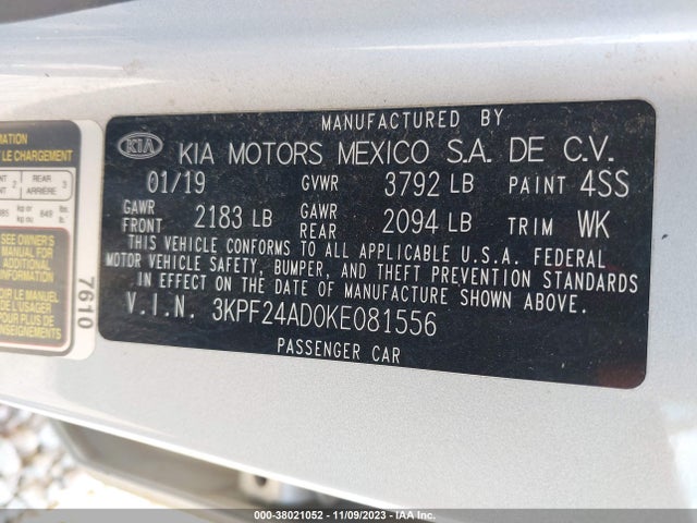 2019 KIA FORTE LXS VIN: 3KPF24AD0KE081556