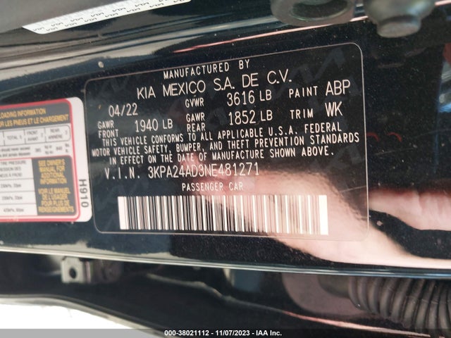 2022 KIA RIO S VIN: 3KPA24AD3NE481271