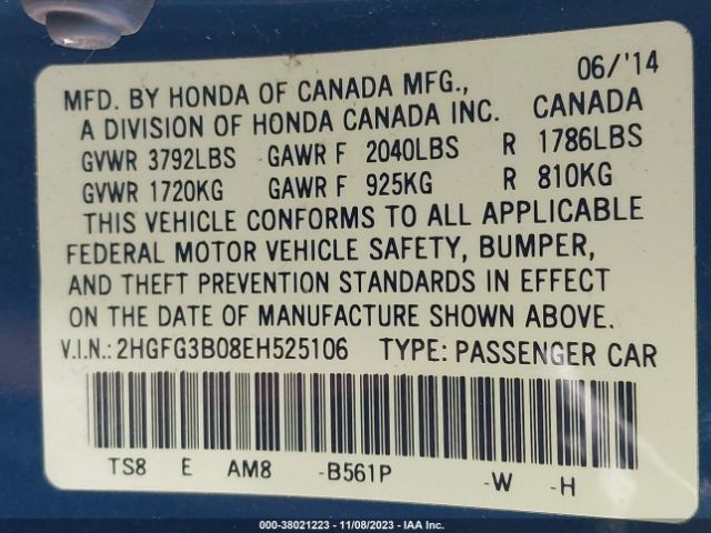 2HGFG3B08EH525106 Honda Civic Coupe Ex-l