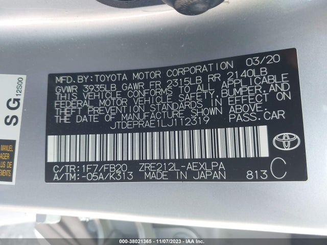 2020 TOYOTA COROLLA LE VIN: JTDEPRAE1LJ112319