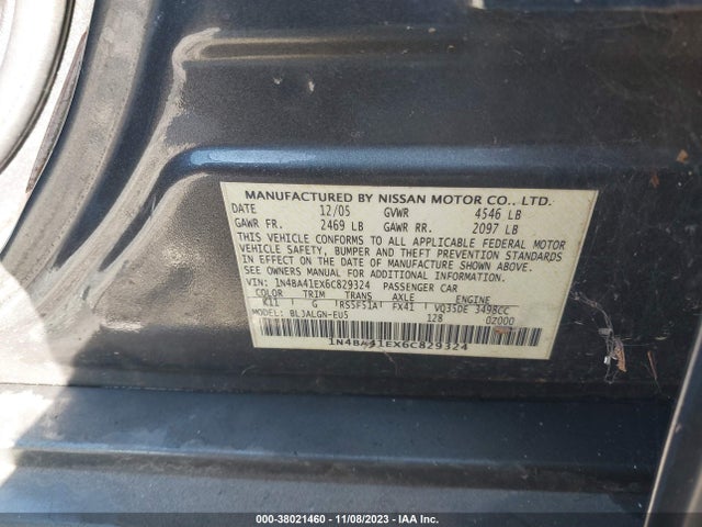 2006 NISSAN MAXIMA 3.5 SL VIN: 1N4BA41EX6C829324