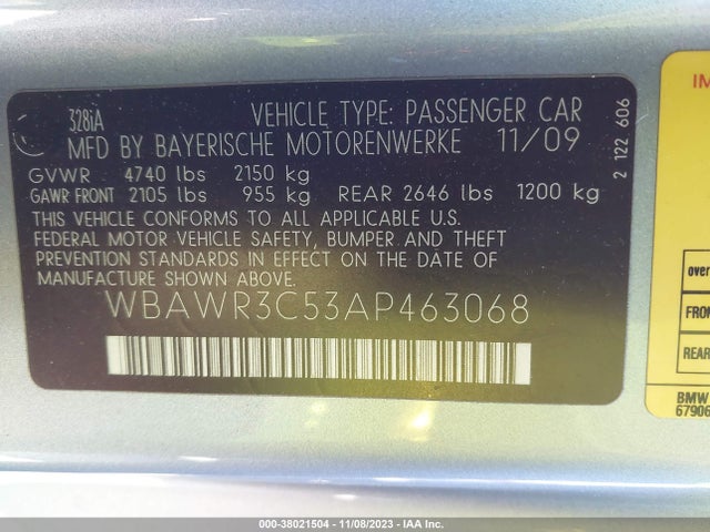 2010 BMW 3 SERIES 328I VIN: WBAWR3C53AP463068