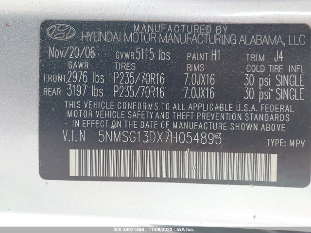 2007 HYUNDAI SANTA FE GLS VIN: 5NMSG13DX7H054893