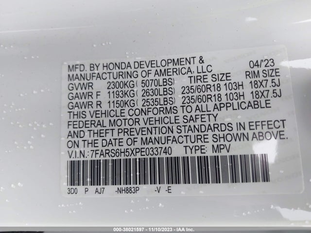 2023 HONDA CR-V HYBRID SPORT VIN: 7FARS6H5XPE033740