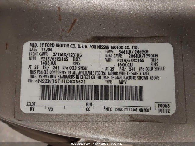 2001 NISSAN QUEST GXE VIN: 4N2ZN15T41D806531