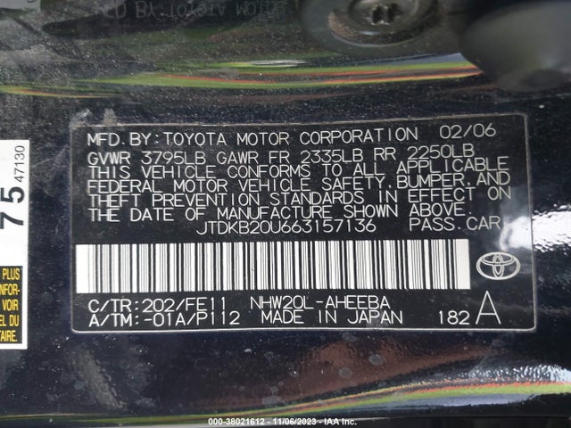 Aukcja sprzedaży 2006 Toyota Prius, vin: JTDKB20U663157136, numer aukcji: 38021612