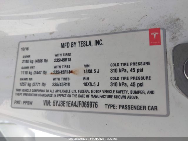 5YJ3E1EA4JF069976 Tesla Model 3 Mid Range/long Range