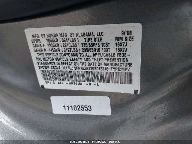 2009 HONDA ODYSSEY EX-L VIN: 5FNRL38779B013246