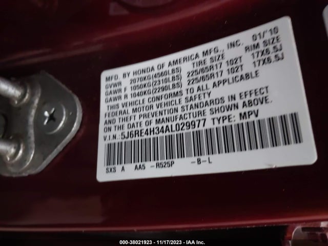 2010 HONDA CR-V LX VIN: 5J6RE4H34AL029977