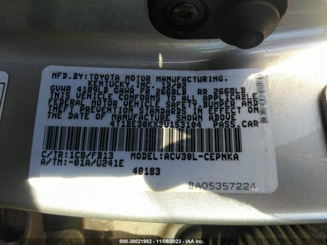 2003 TOYOTA CAMRY LE VIN: 4T1BE30KX3U153104